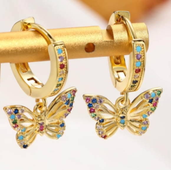 Multicolor Butterflies Rhinestone Huggie Butterfly Hoop Earrings Pave Hoops New - Picture 2 of 4